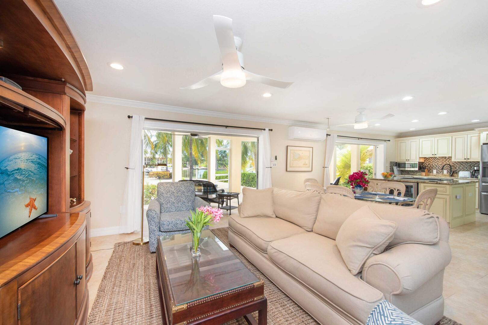 Wide shot of the lower level living areas.