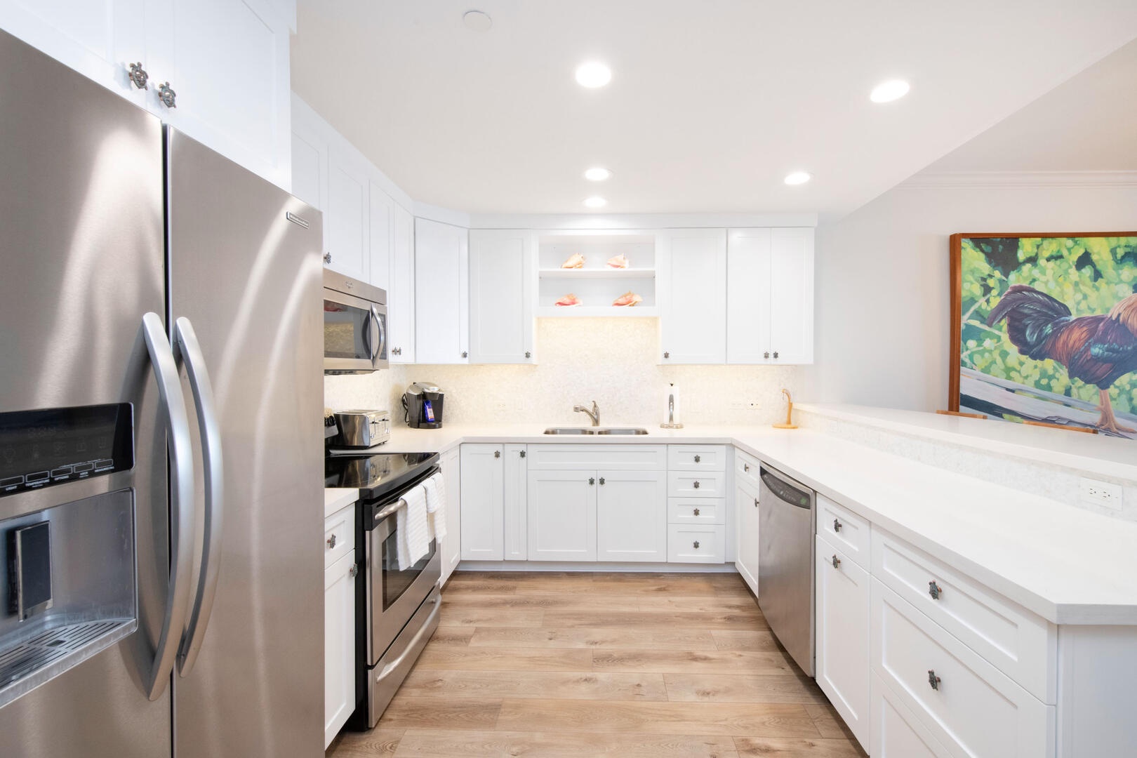 The kitchen comes equipped with a toaster and Keurig coffee maker.