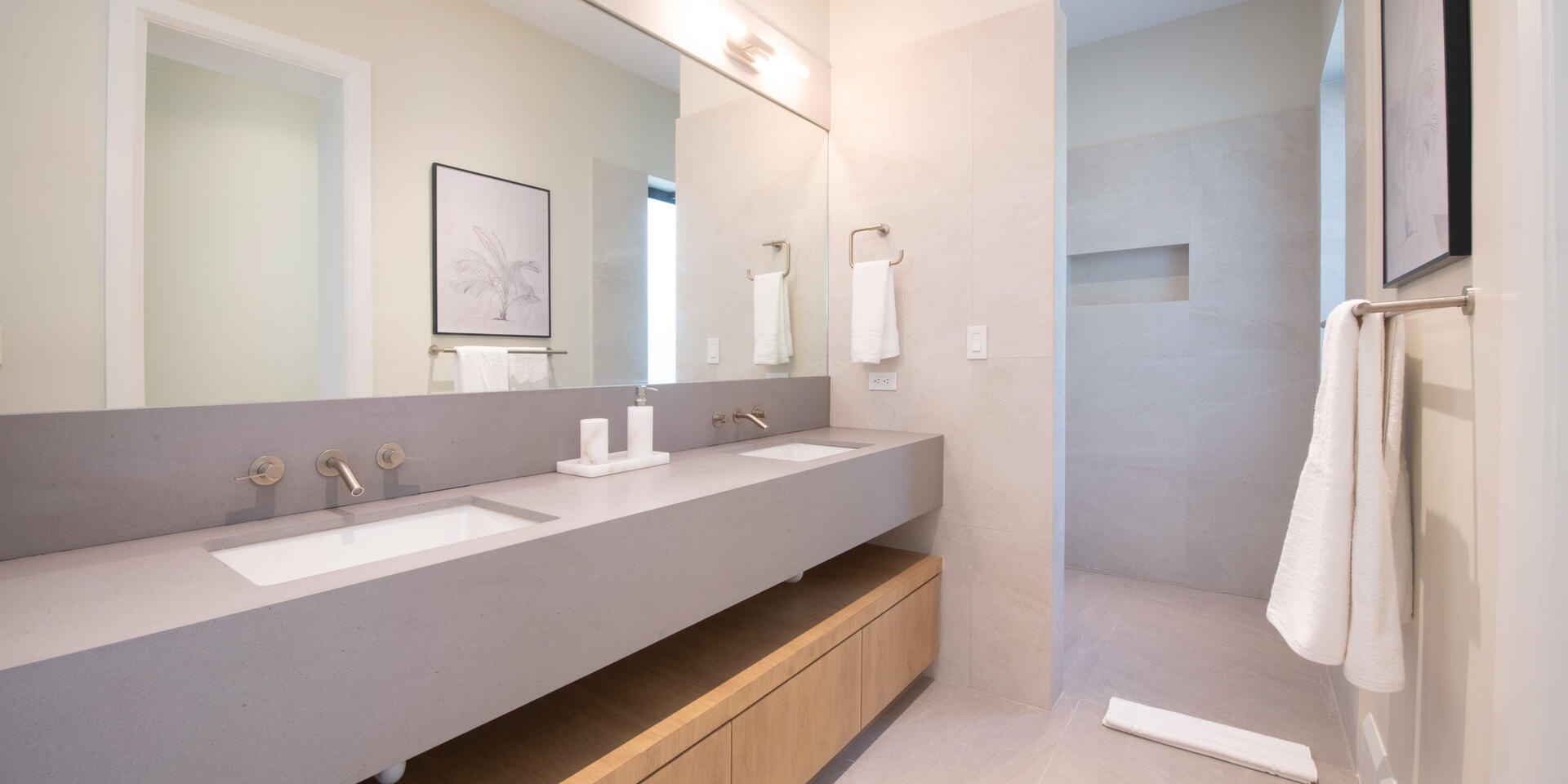 Bedroom 3 ensuite with dual vanity and shower.