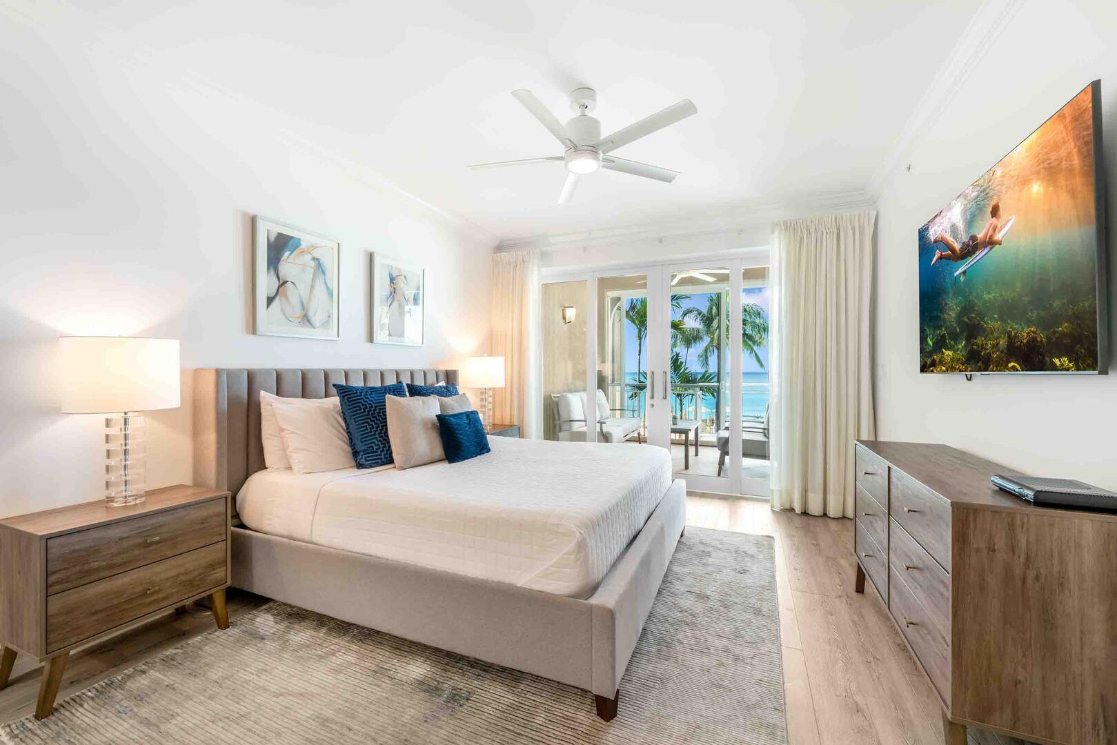 The Primary Suite features a king bed, HD cable television, plus walkout access to the ocean balcony.