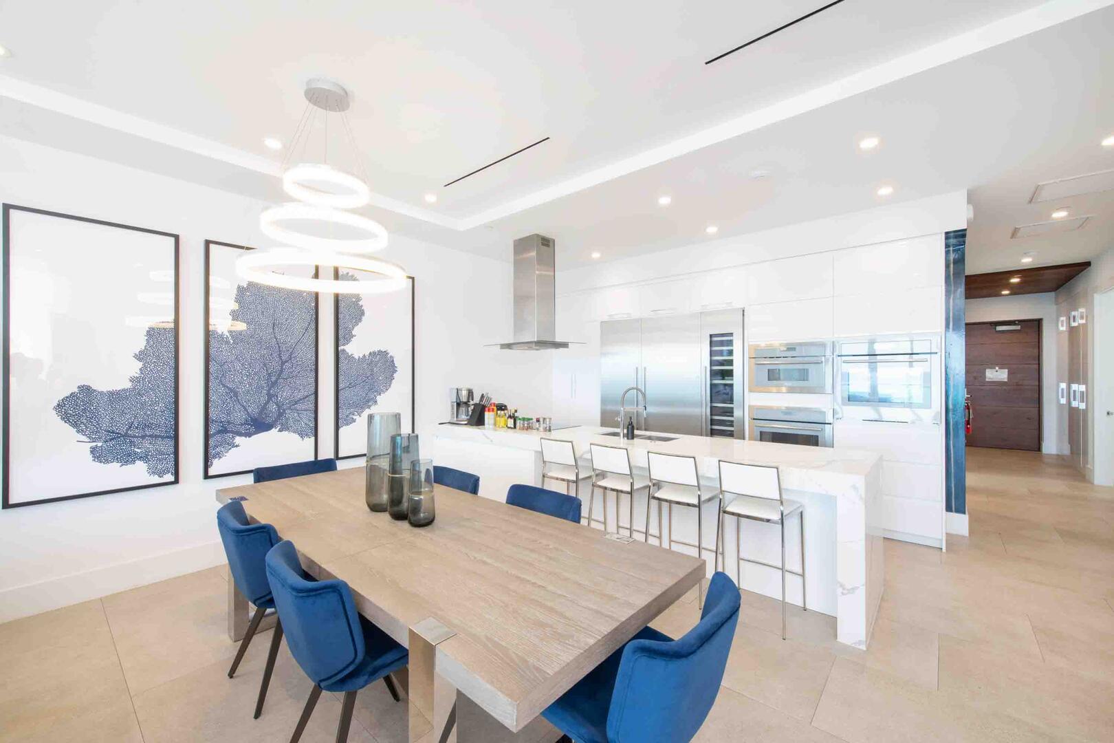 The formal dining table seats 6. The balcony dining table also seats 6.