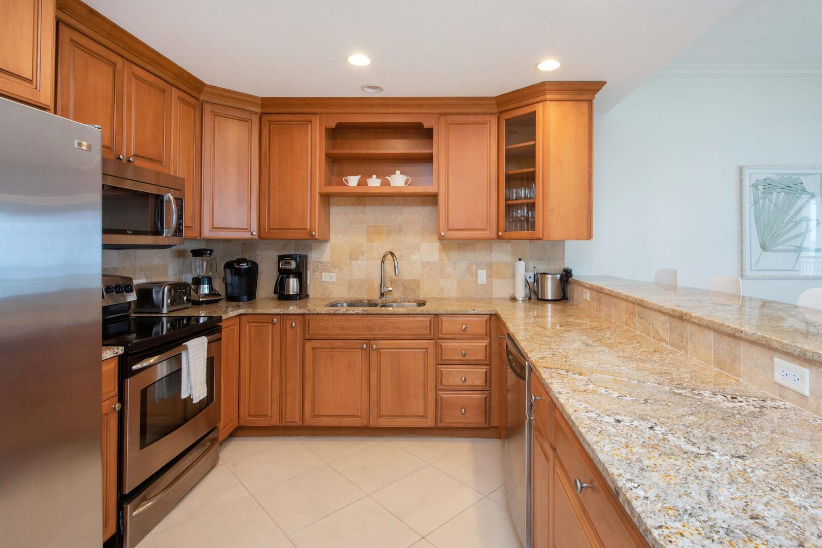 Countertop appliances include a drip coffee maker and Keurig, plus a blender, and toaster.