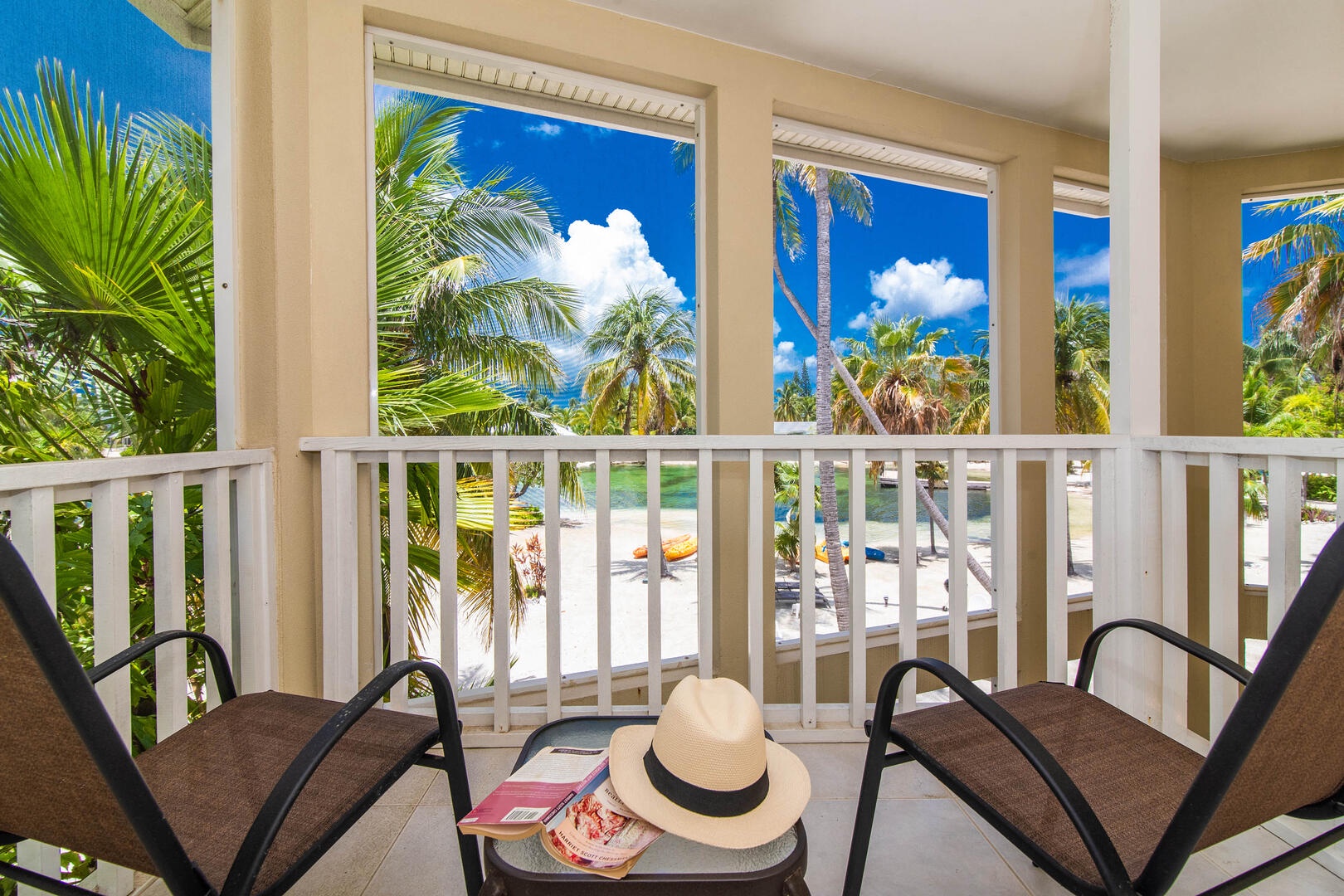 Bedroom balconies open to the screened atrium overlooking the Bio Bay.