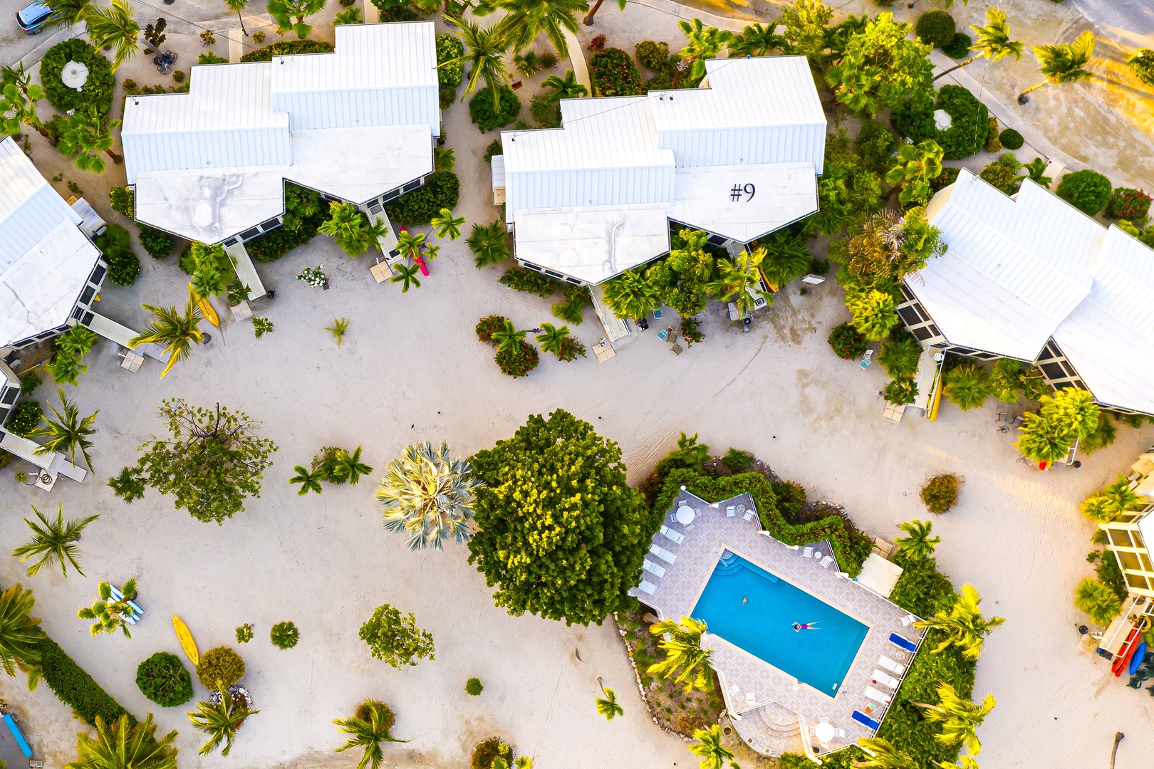 Aerial view of the communal pool. Cloud Nine is steps from the pool deck.