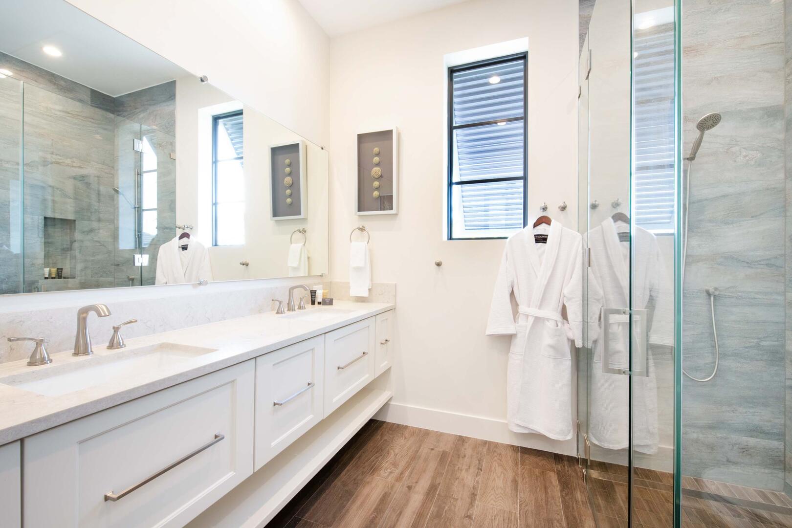 West Suite ensuite bath with tiled shower.