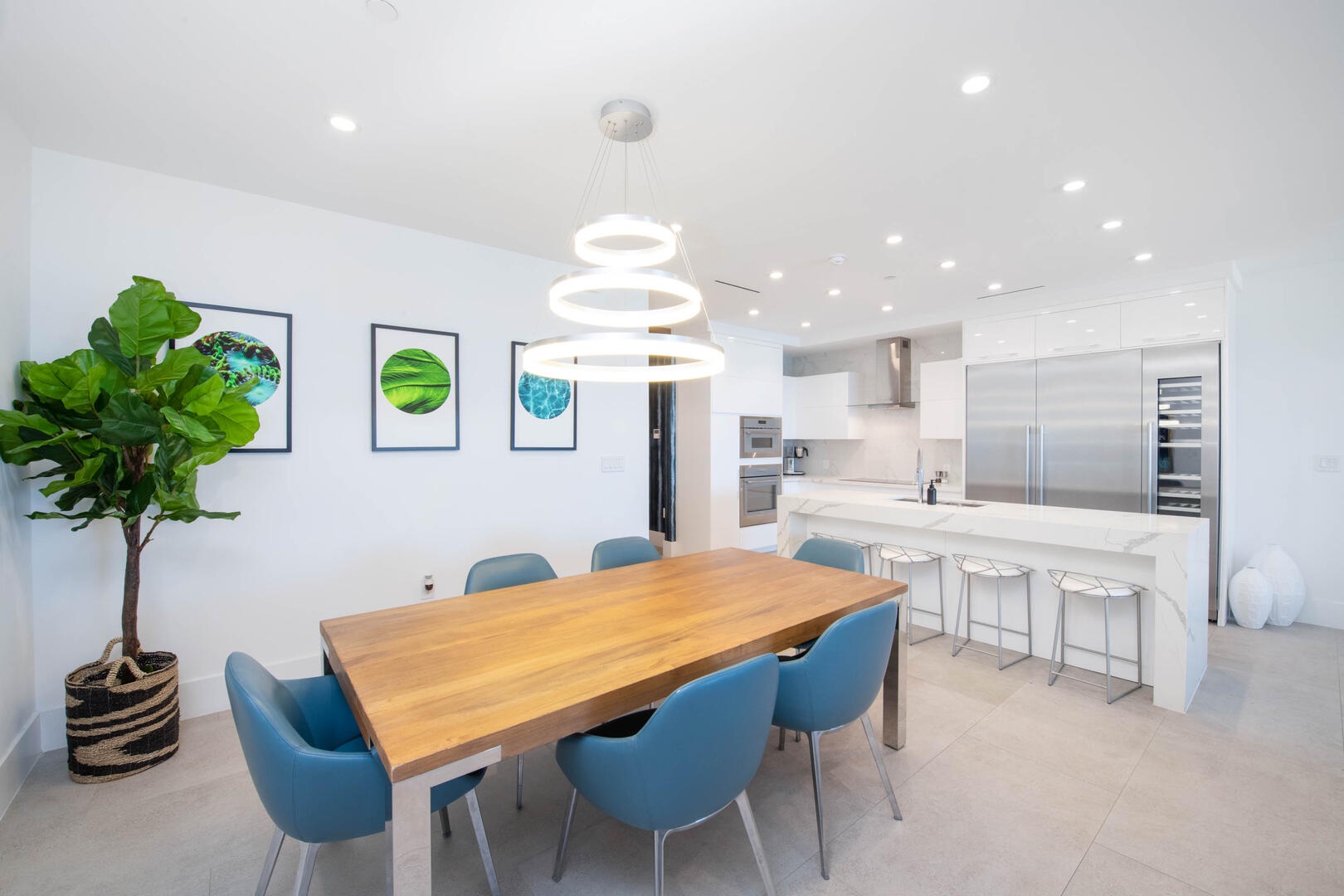 Modern dining table and gourmet kitchen.