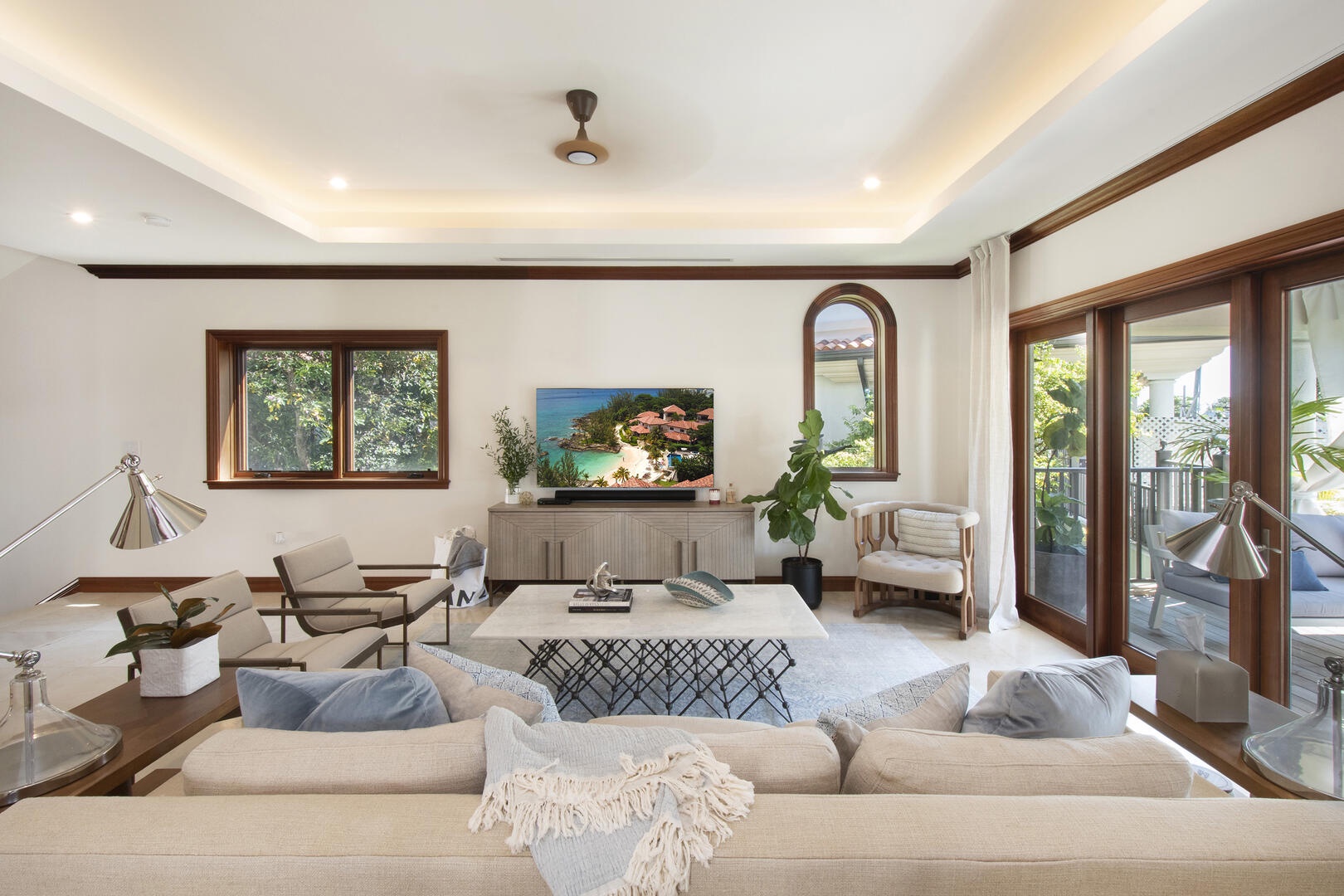 Casa Luna #16 is a multi-level home with common areas on the middle floor and bedroom suites on the upper and lower levels.