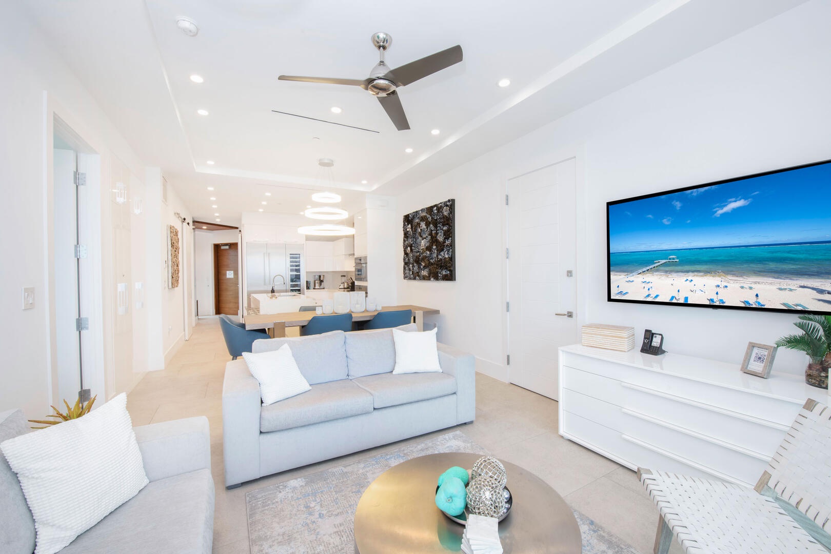 Modern interiors with designer furnishings and decor.