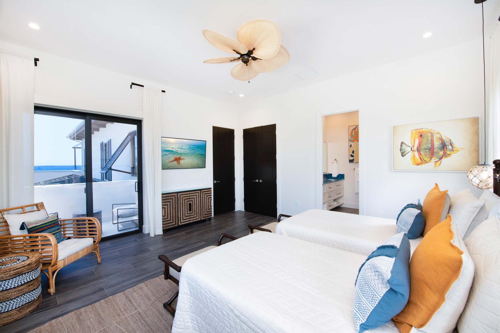 Twin Suite ? upper-level, 2 twin beds, oceanview, walk-out access to a private balcony, vaulted ceilings, SmartTV.