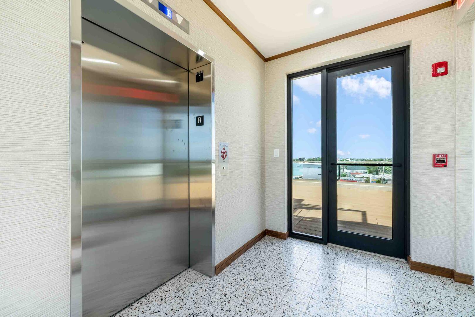 The rooftop pool is accessible via elevator.