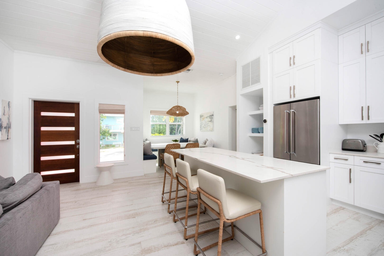 Kitchen island with seats for three.