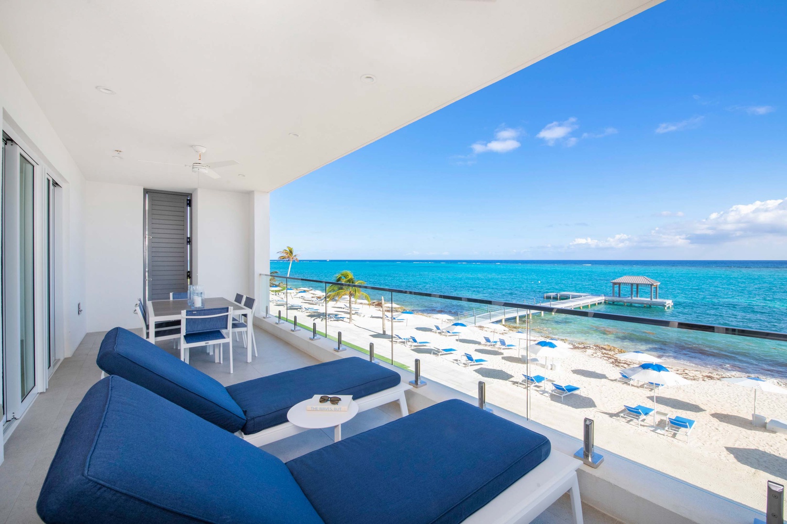 Oceanfront furnished private balcony.