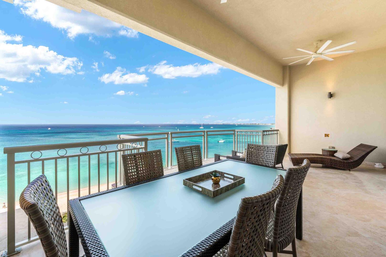 Savor alfresco meals with stellar beachfront views.