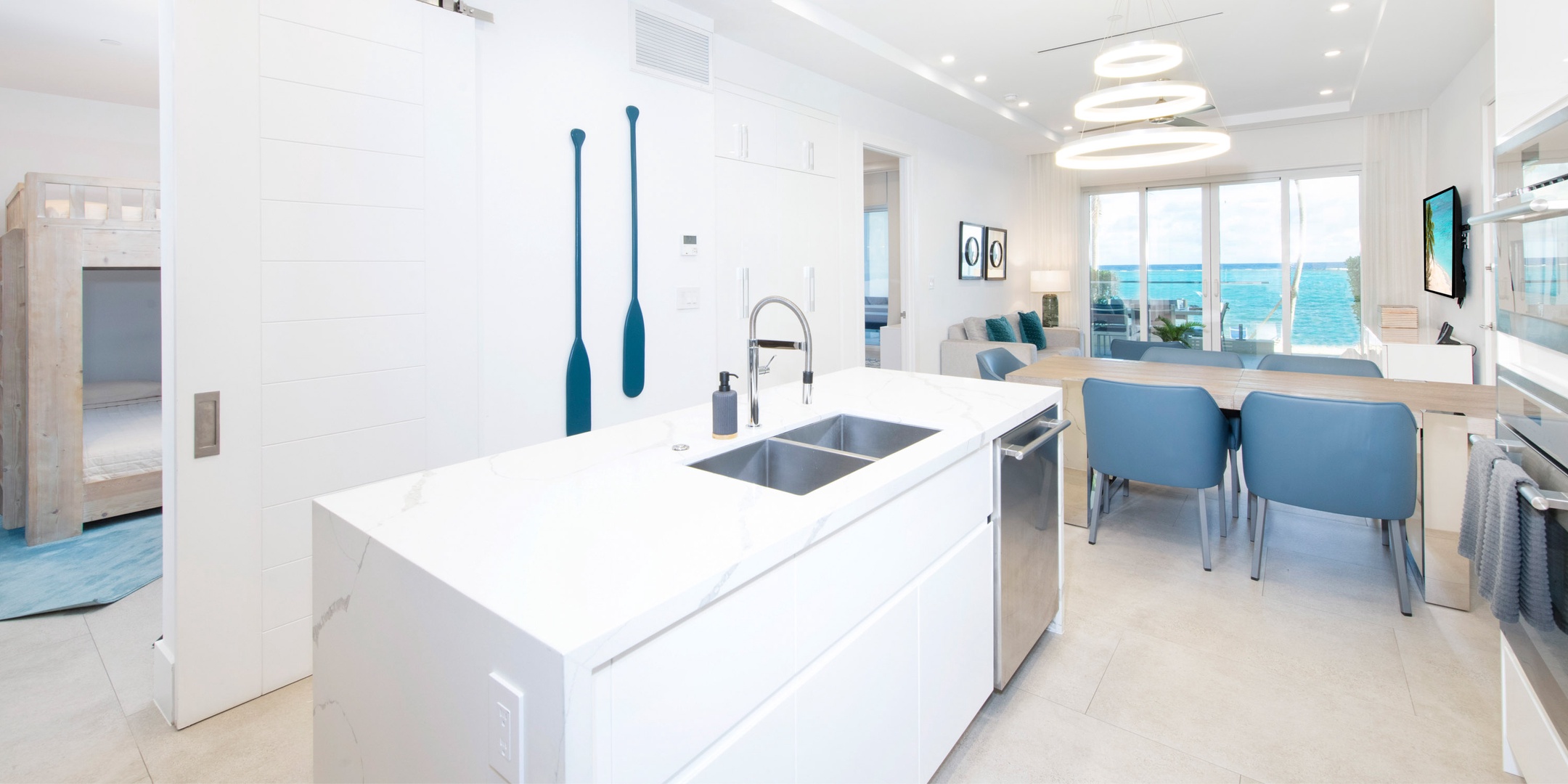 Modern interiors with ocean views.