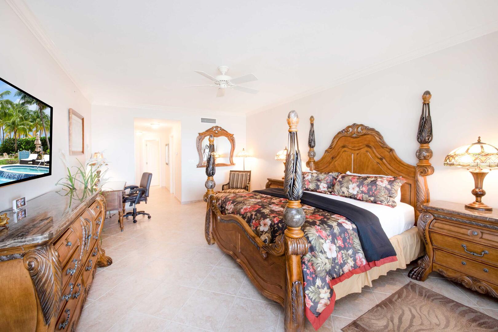 Primary suite interiors include a desk + chair should work interrupt your vacation.