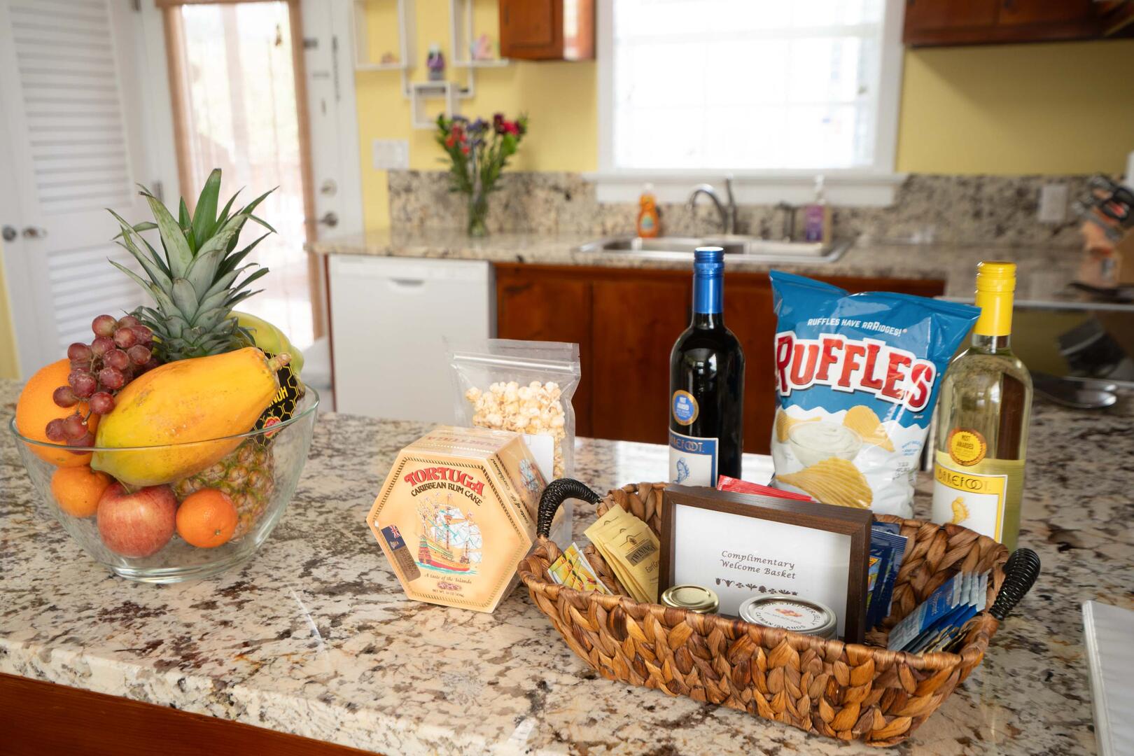 The homeowner provides a welcome basket for guests upon arrival.