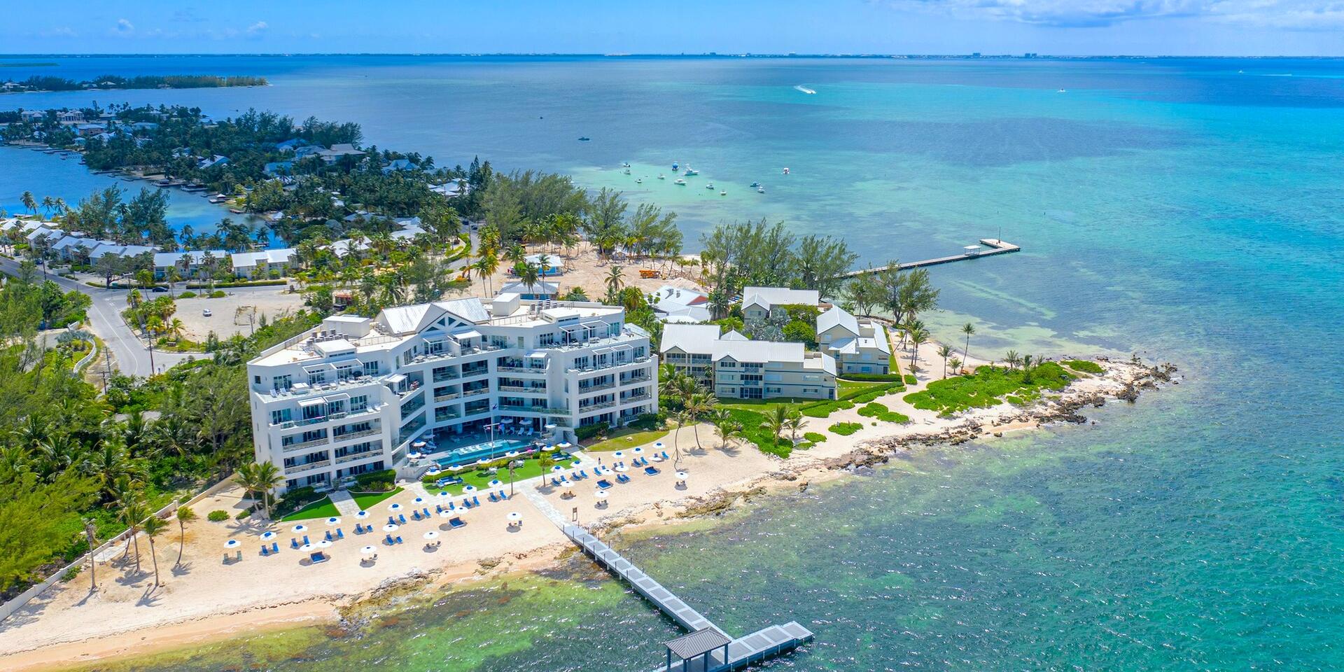 Aerial view of the resort with the Rum Point Club and Bio Bay in the background.