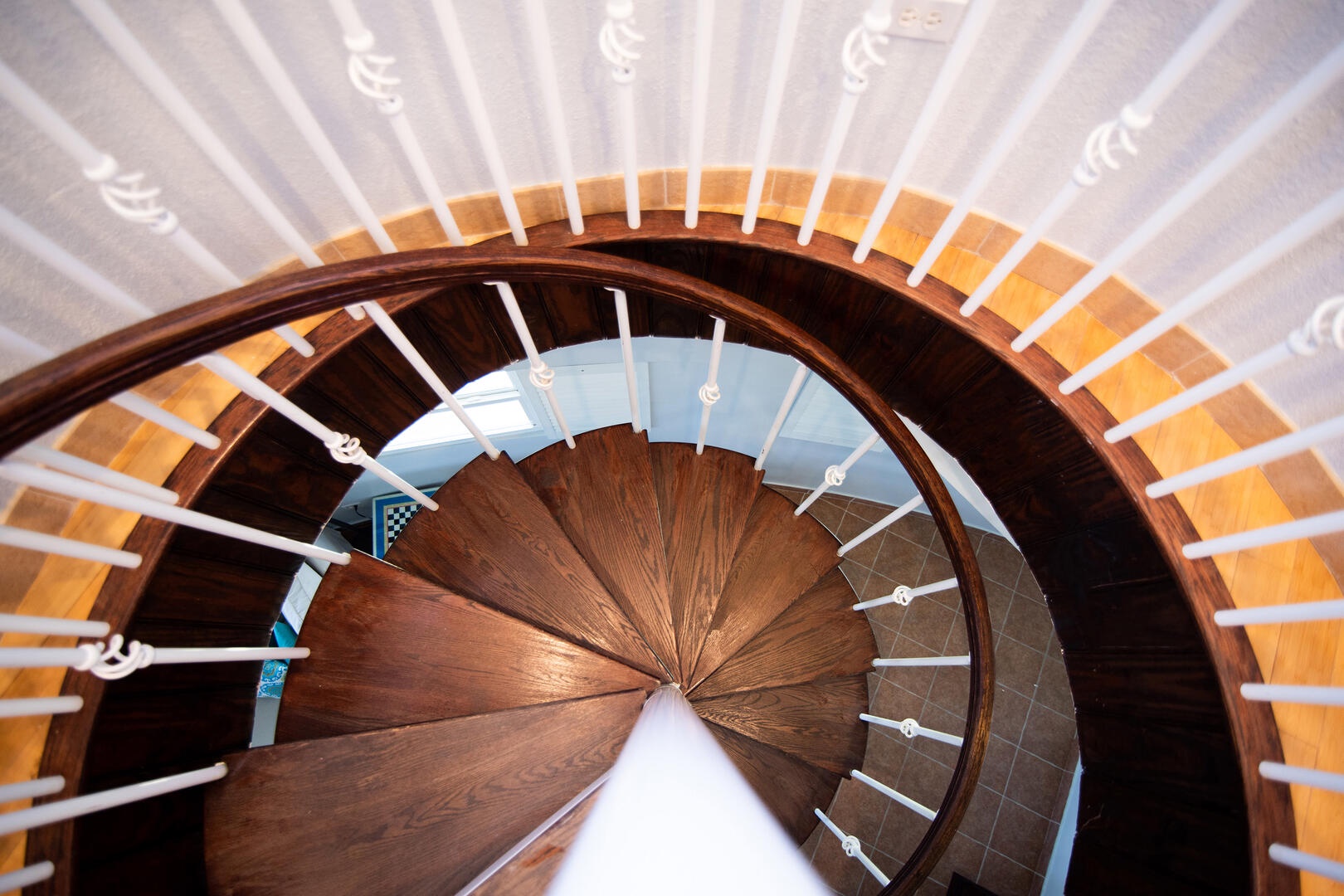 Looking down the spiral staircase.