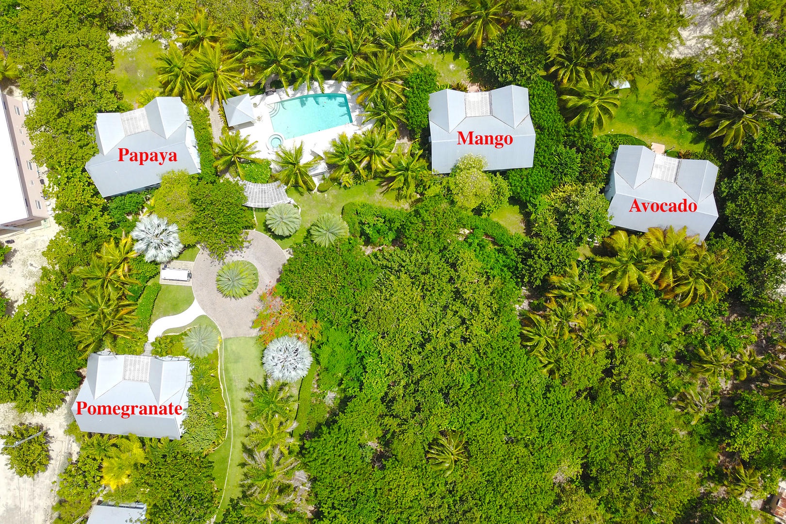 Aerial view of where each cottage is located on the property.