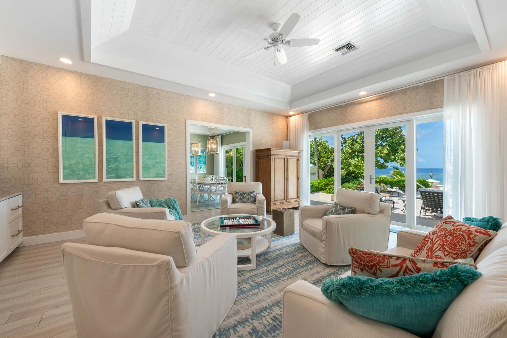 Enjoy and relax in oceanfront den.