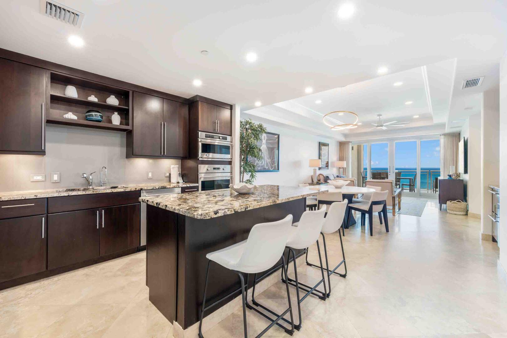 Gourmet kitchen with island seating for 3.
