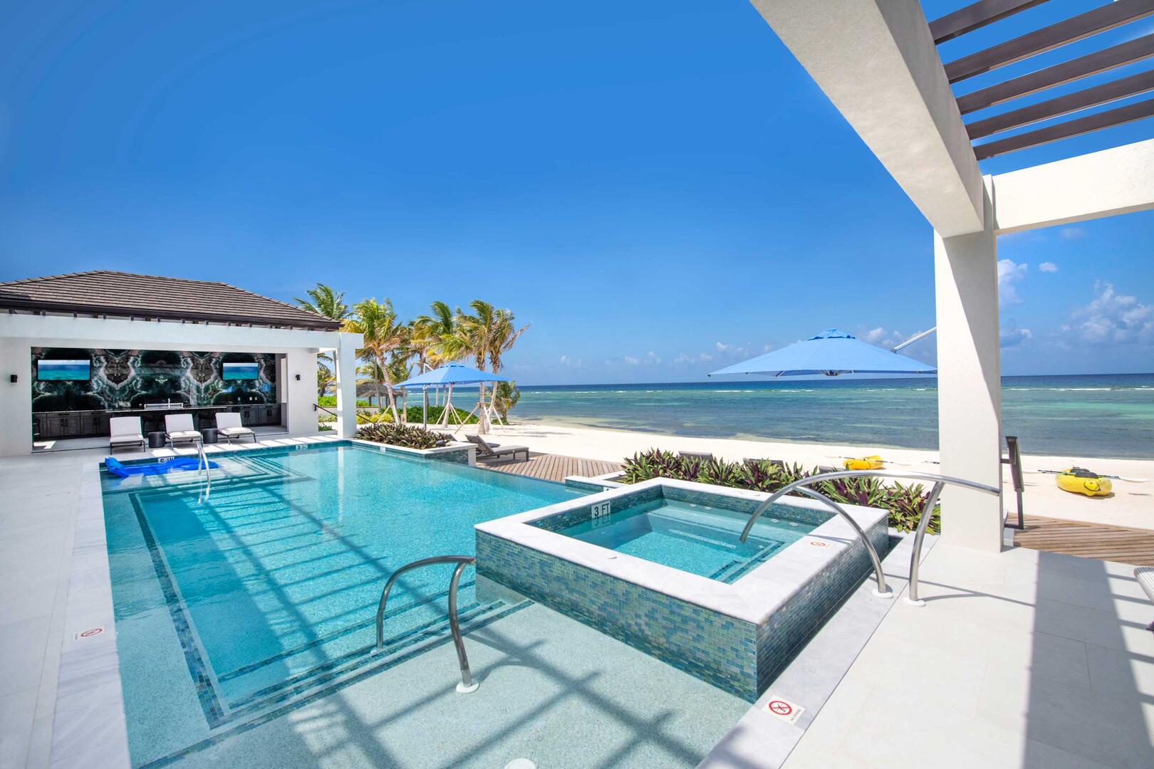 Pergolas surround the pool deck for shade