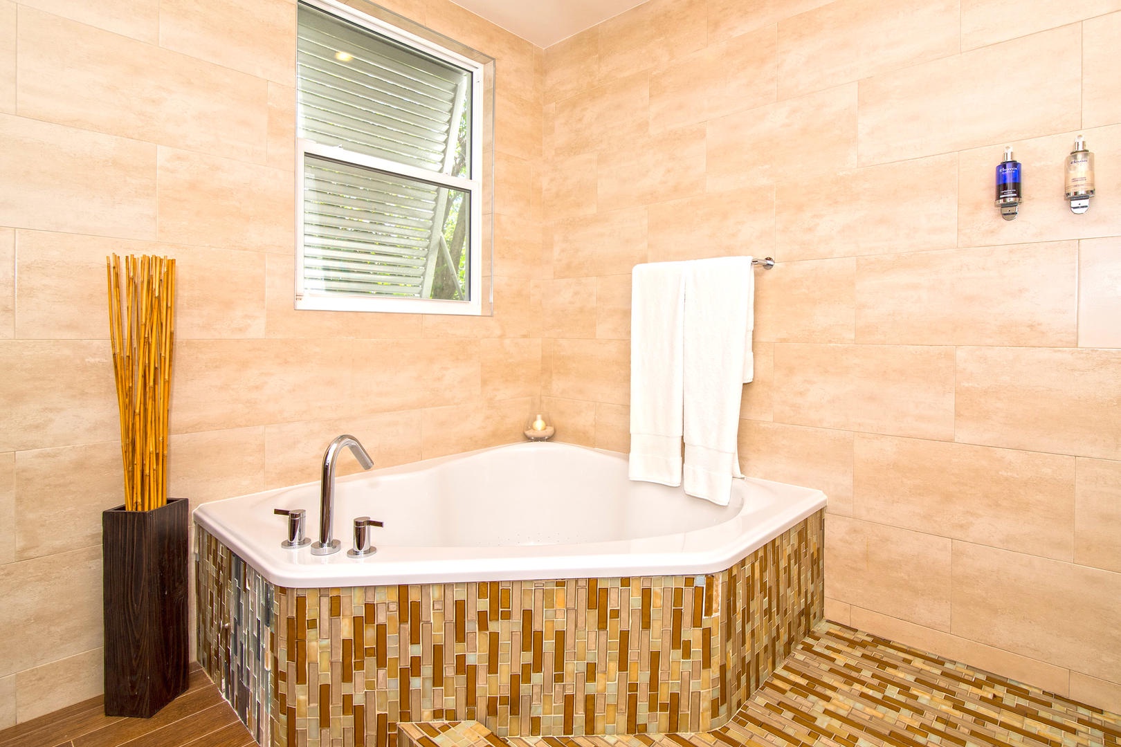 Master bath with a soaking tub and walk-in shower.