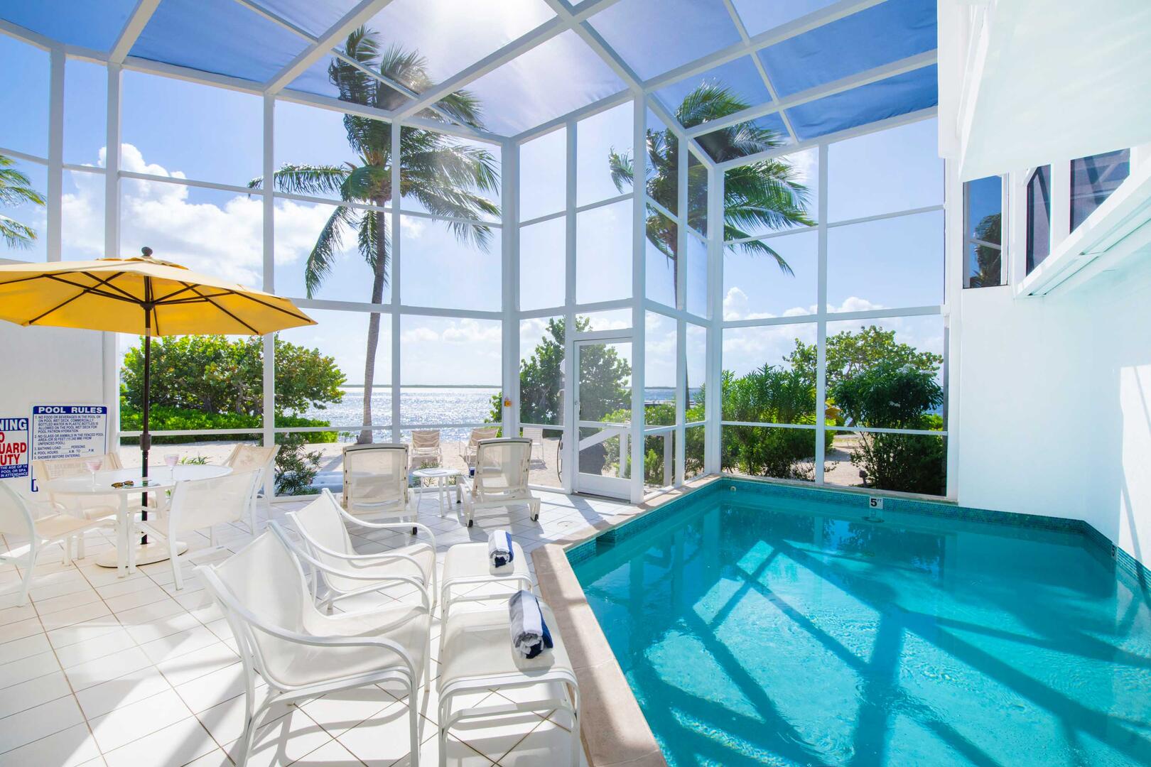 Enjoy your own private pool under a screened atrium to keep the bugs away.