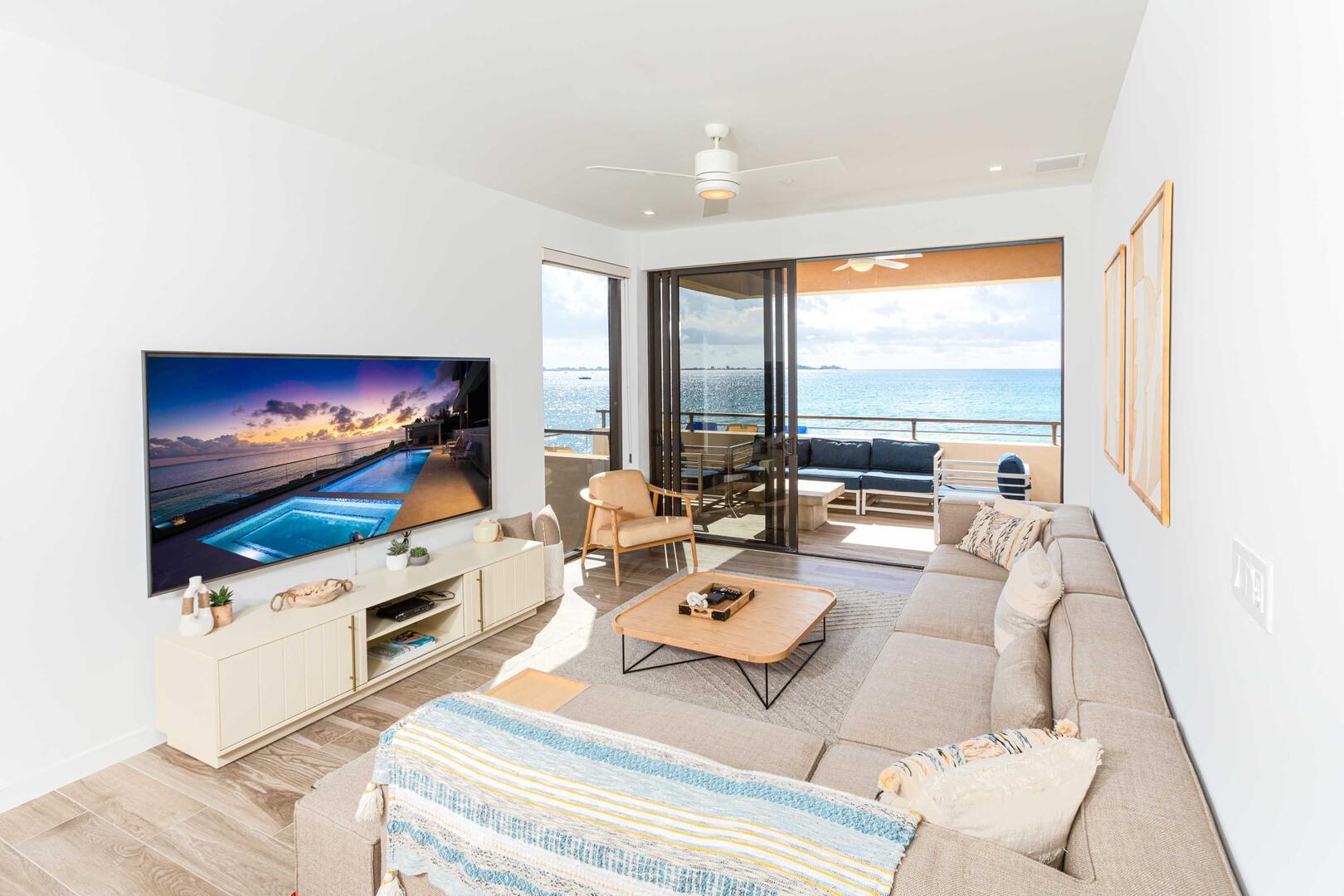 Living area with large sectional sofa.