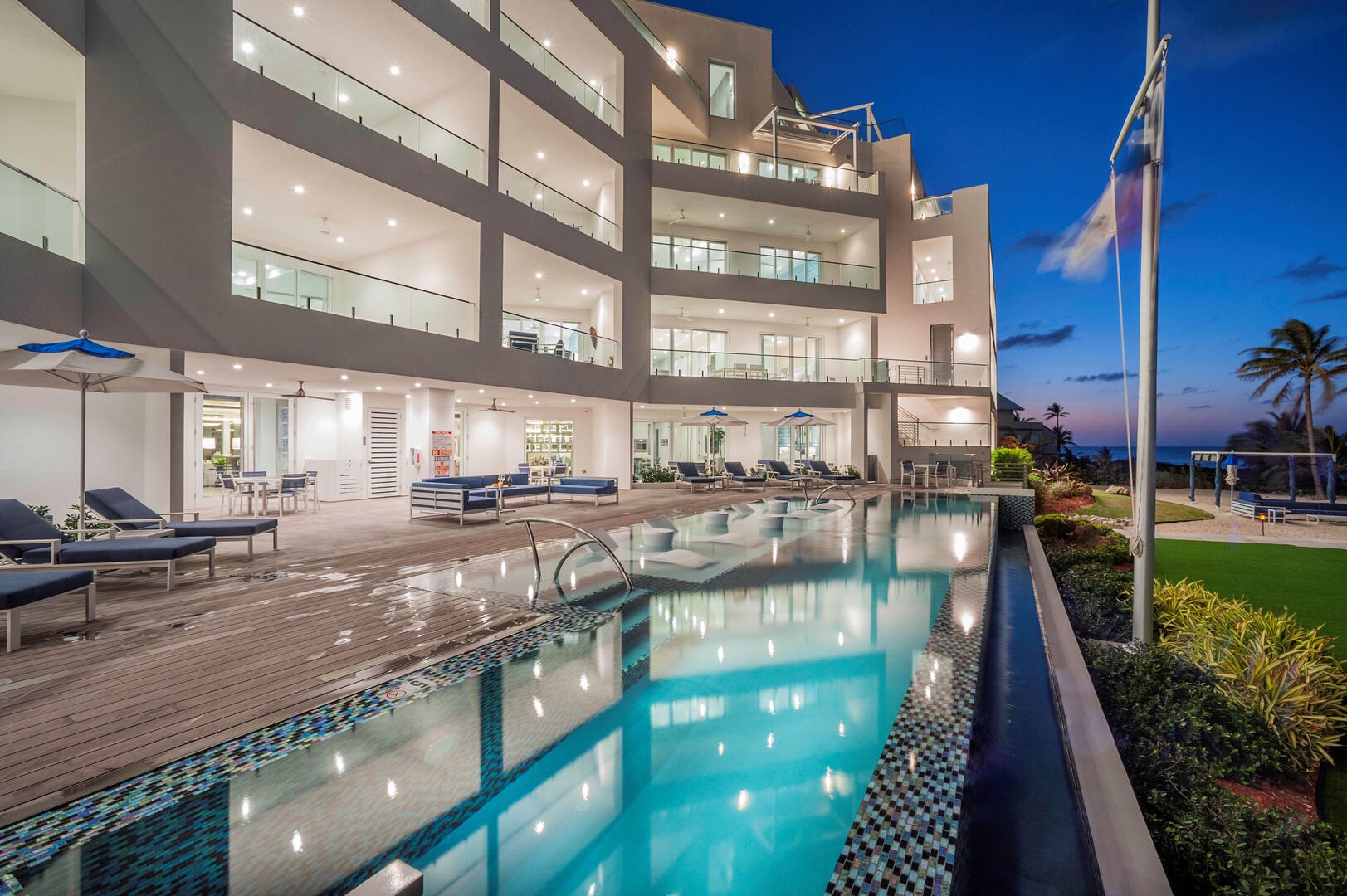 Views of the pool at dusk.
