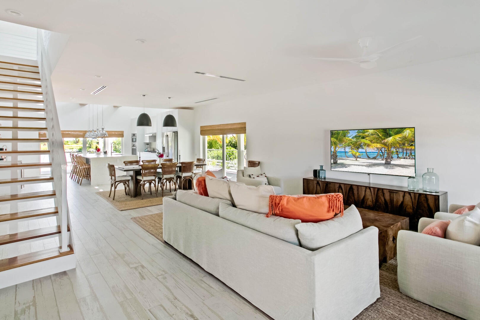 Lower level living interiors.