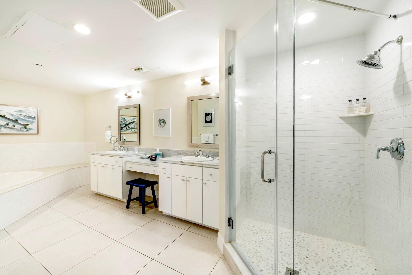 The primary ensuite is also equipped with a frameless shower.