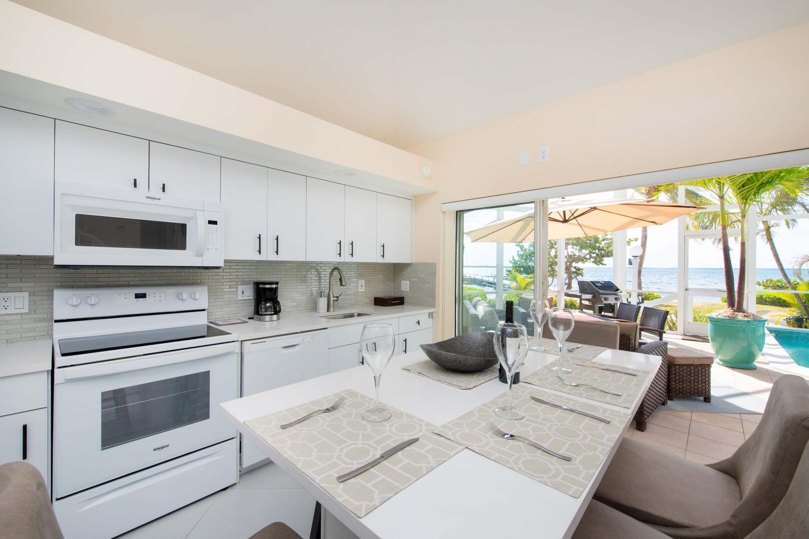 Kitchen with island seating.