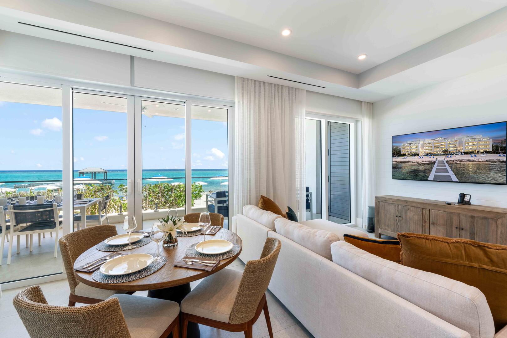 Formal dining area with ocean views.