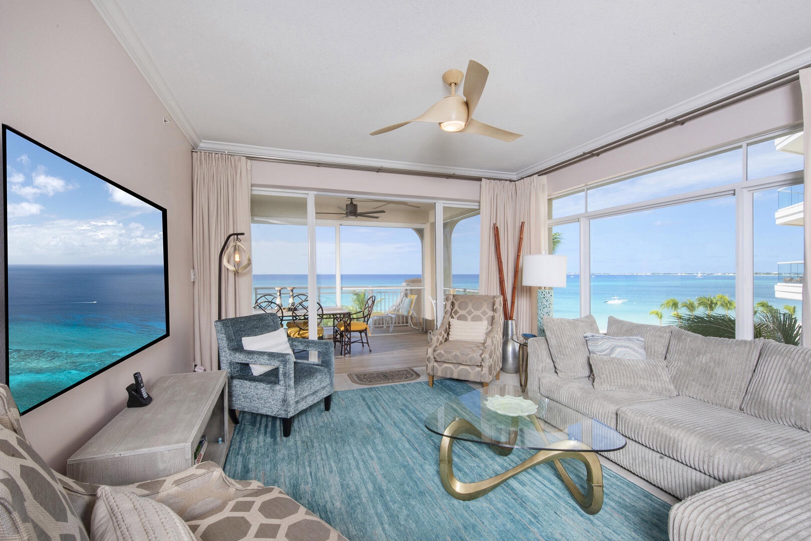 Living area with sweeping corner unit views.