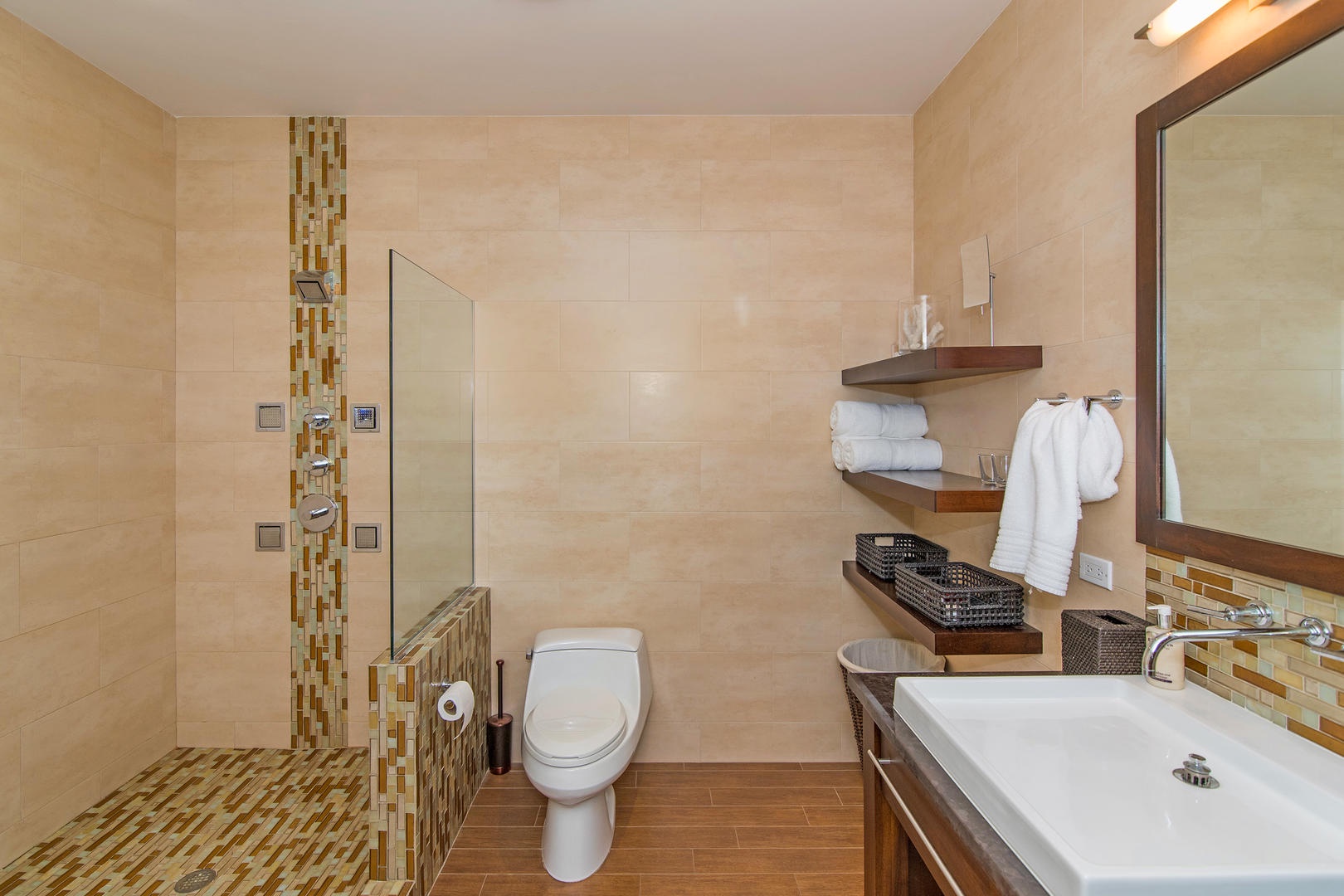 The master ensuite bath features a soaking tub and separate shower.