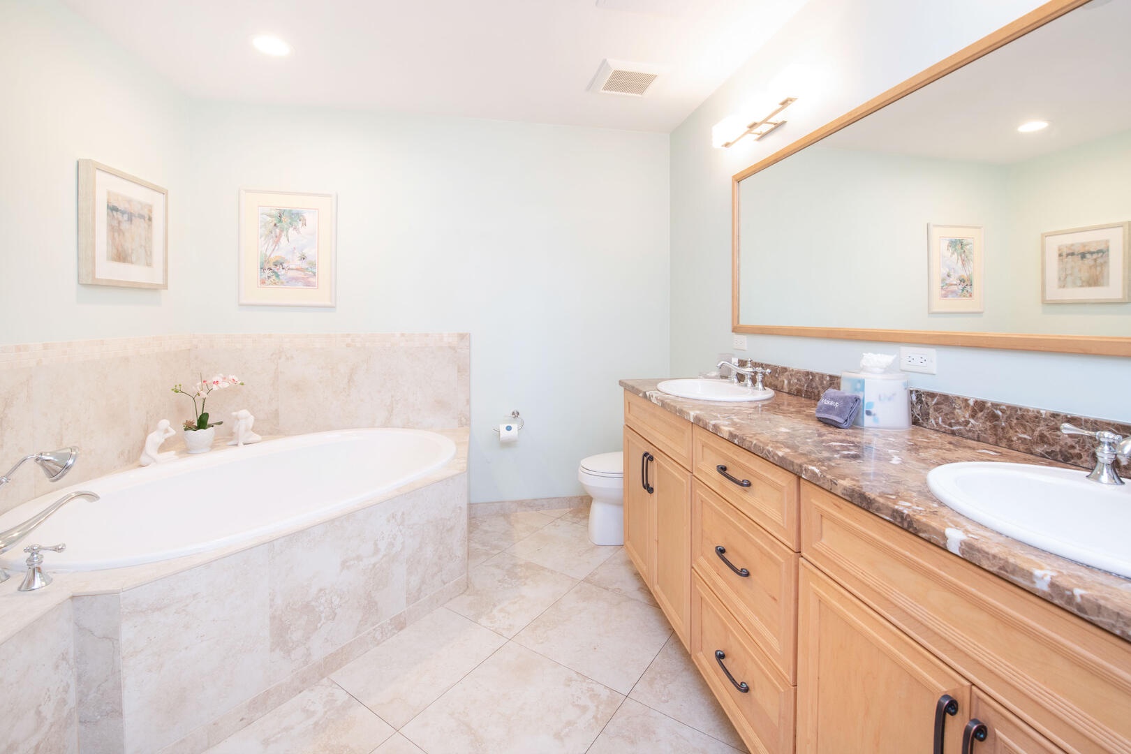 Primary ensuite with dual vanity and bathtub.