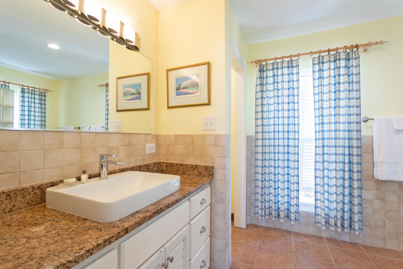 Ensuite bath with walk-in shower off the king guest suite.