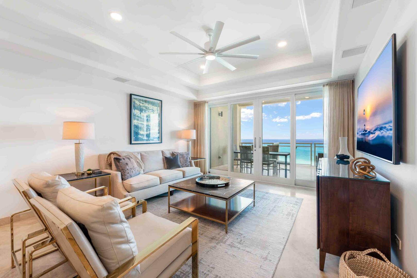 Spacious interiors with vaulted ceilings and elevated ocean views.