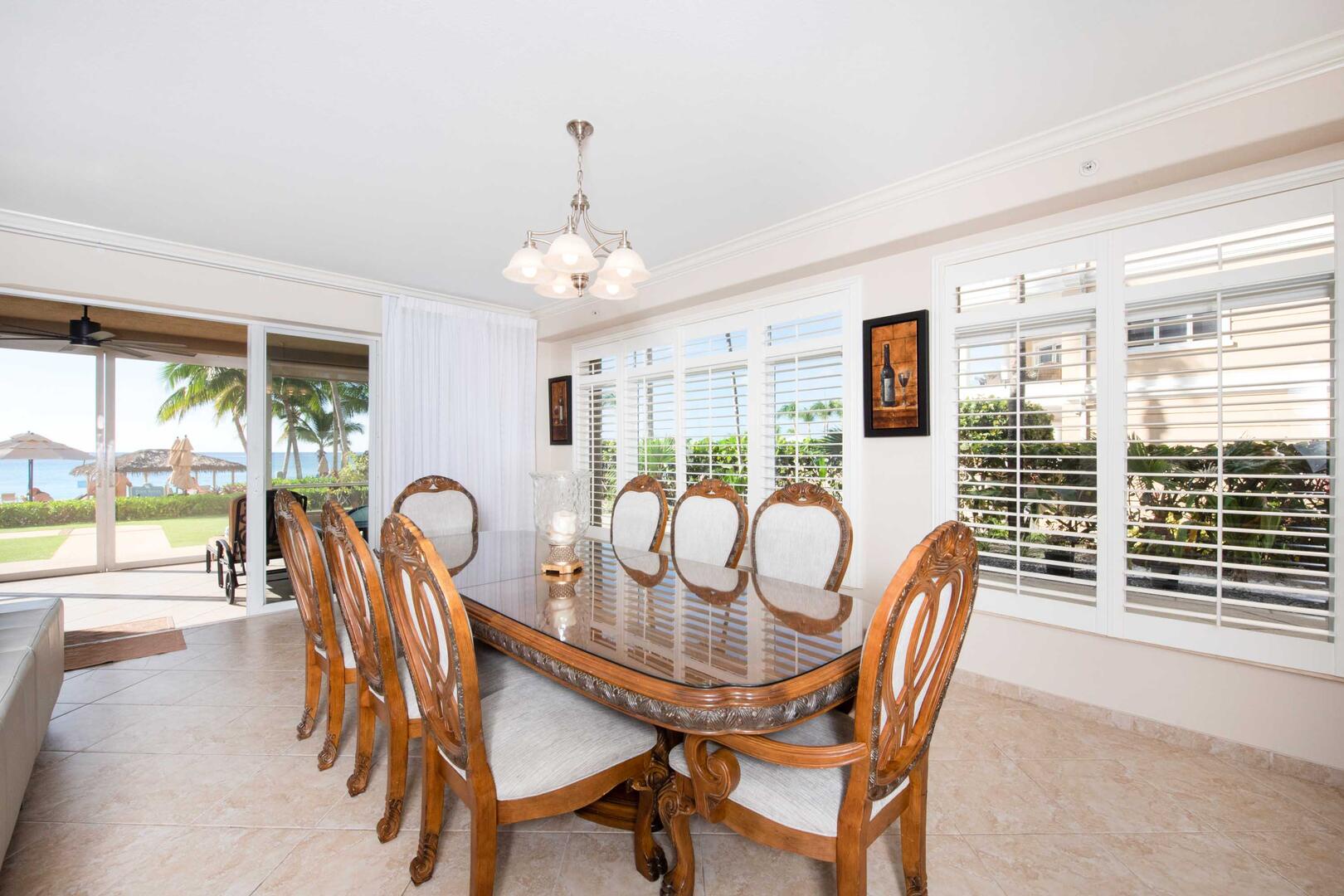 Formal dining area with plenty of seating. There's also a dining table on the patio.