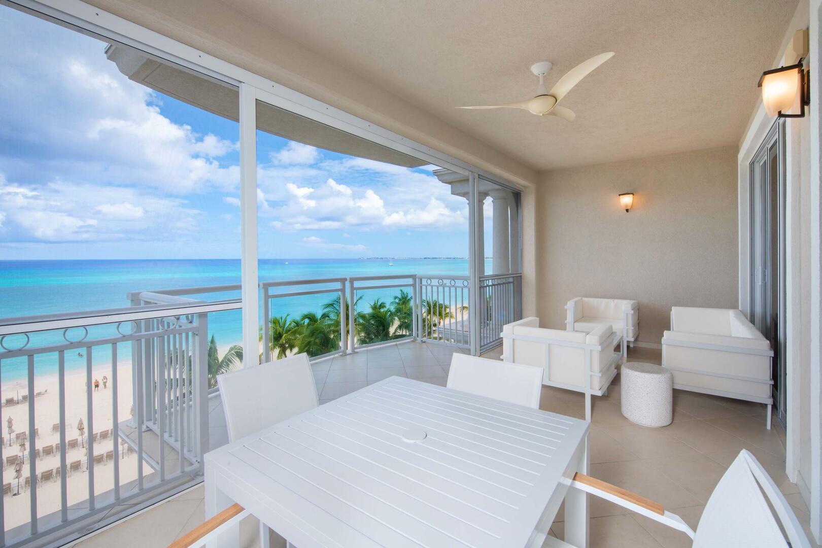Private balcony with plenty of outdoor seating.