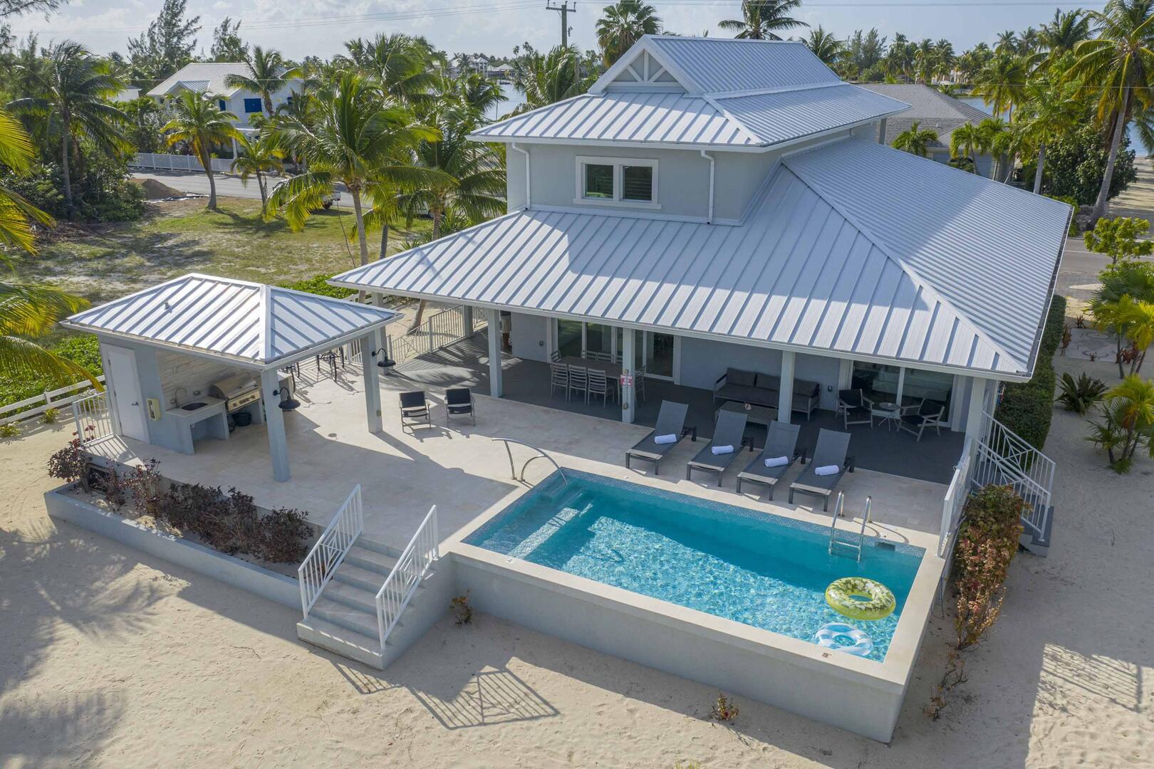 Aerial view of the pool and sun deck.