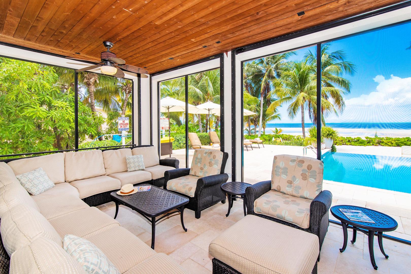 Plush lounge area on the screened porch.