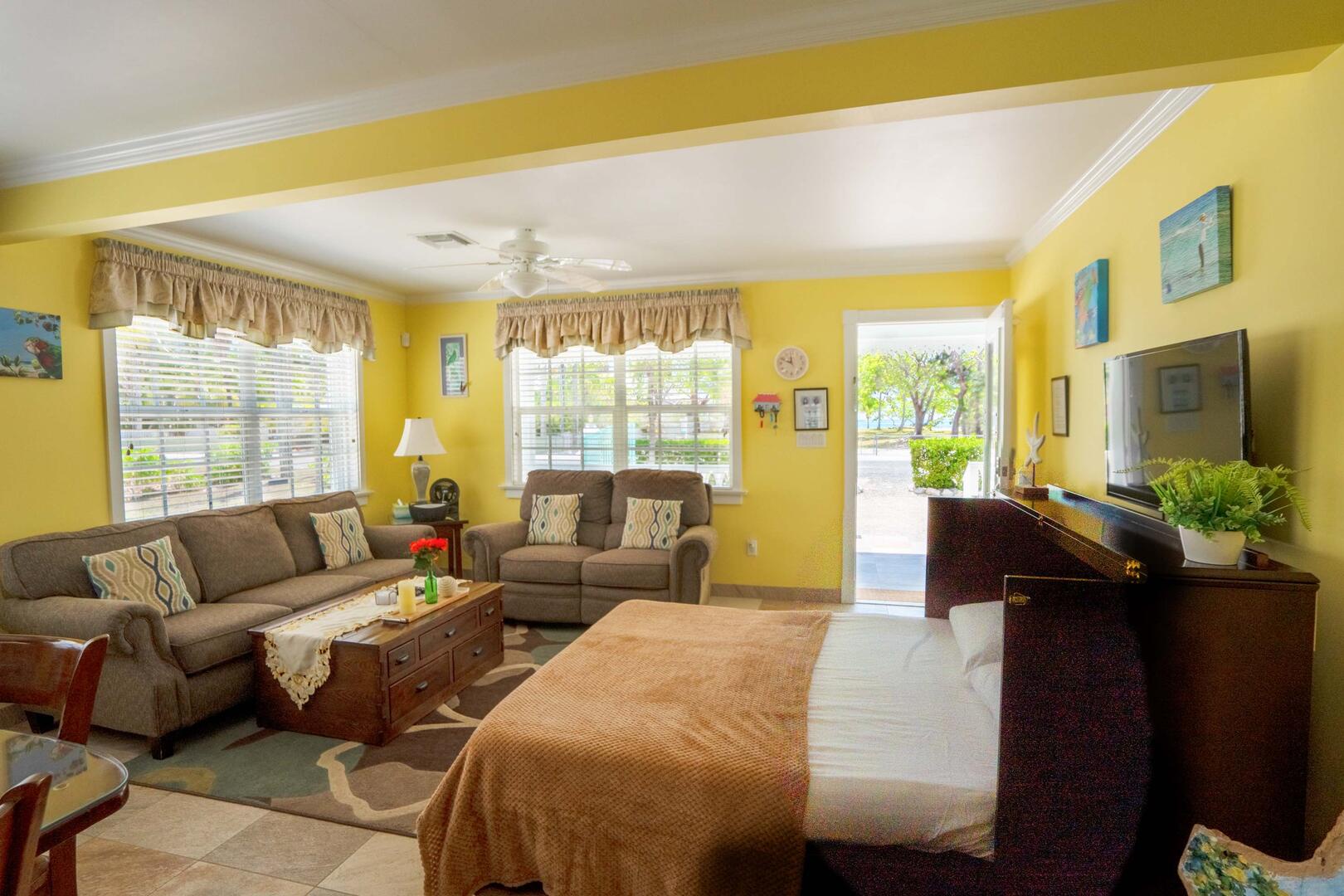 The cabinet reveals a queen size Murphy bed suitable for 2 children only.