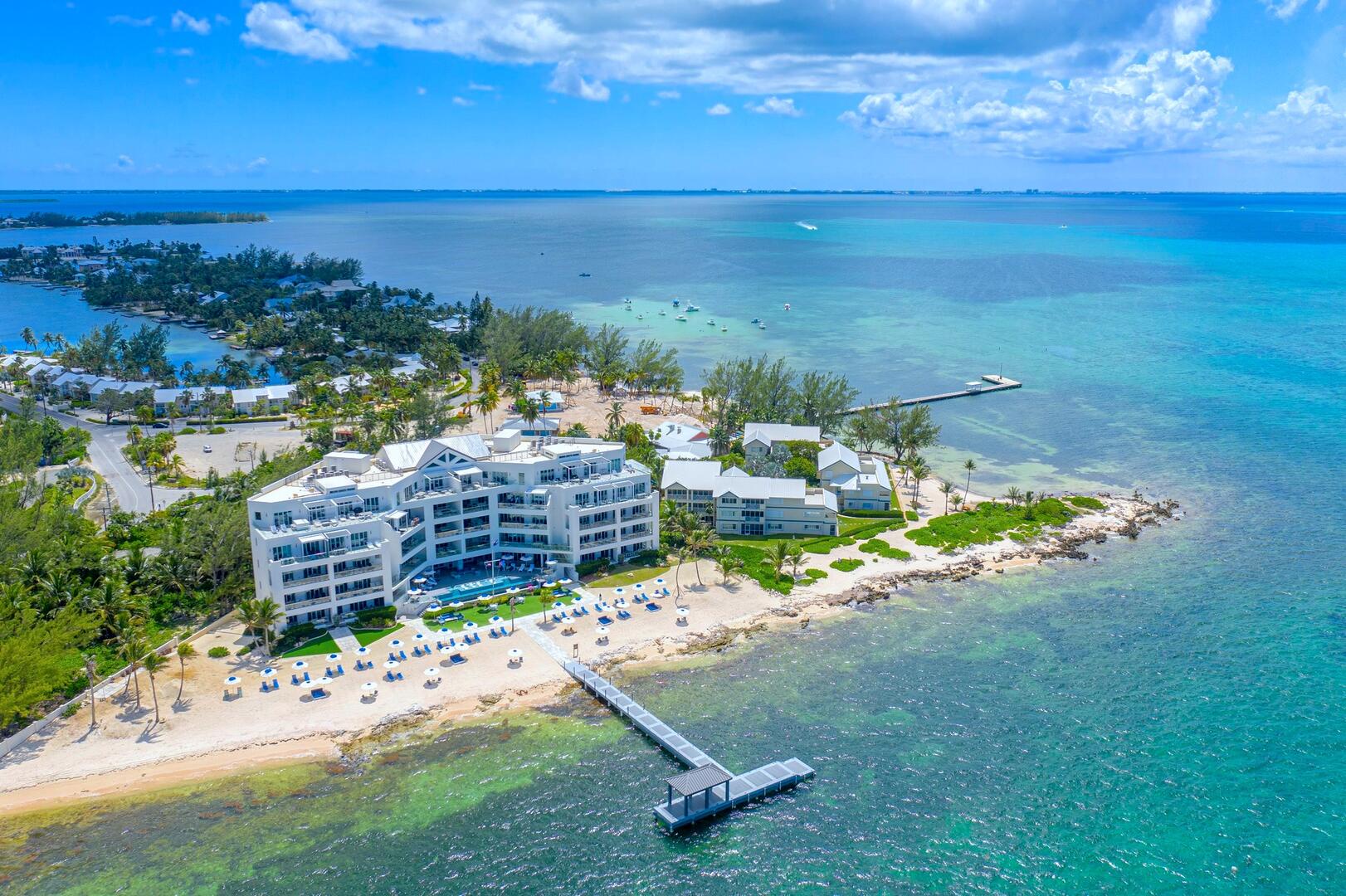 Aerial view of the resort with the Bioluminescent Bay and the Rum Point Club in the background.