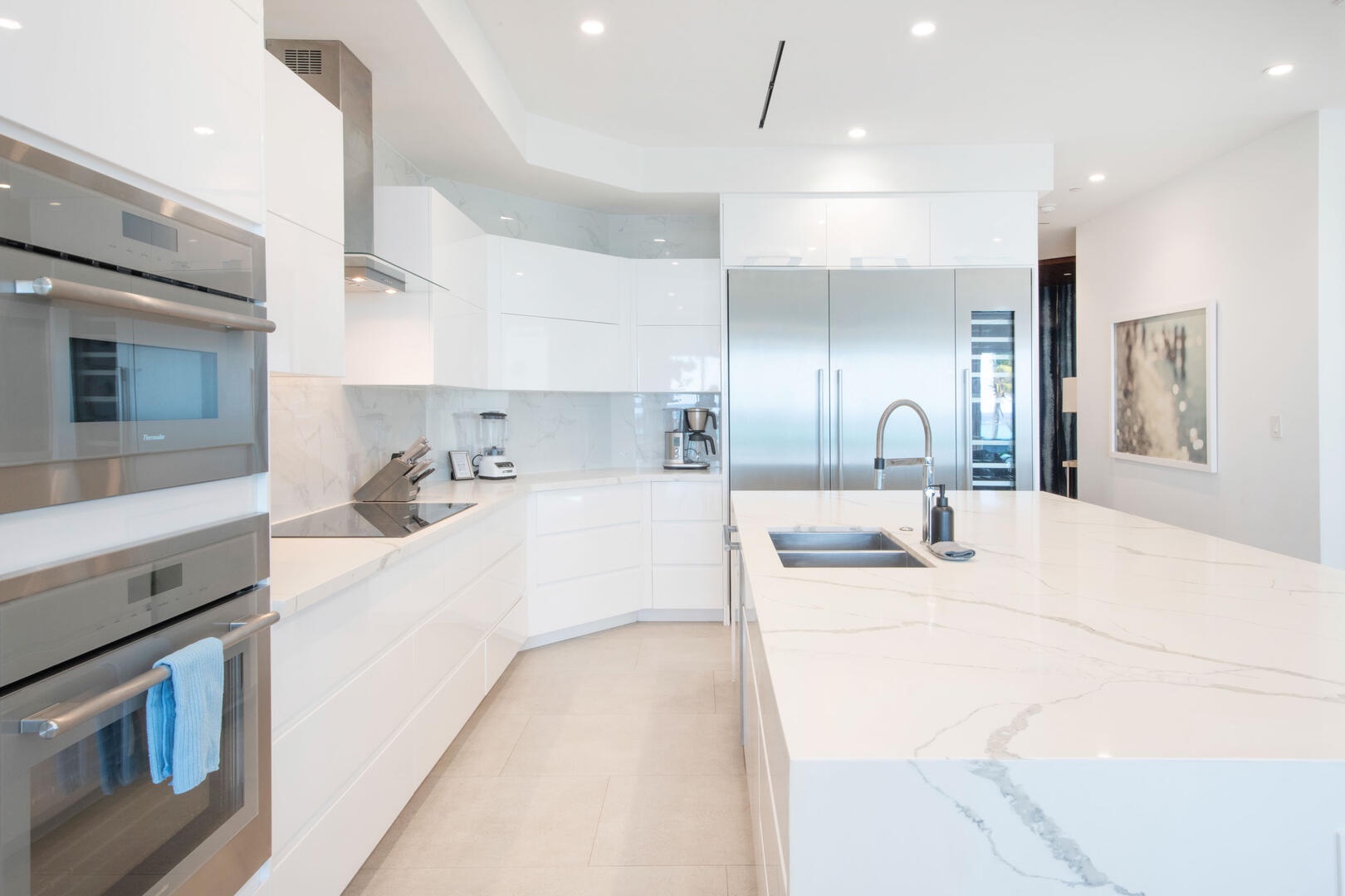 Gourmet kitchen with white cabinets and top of the line appliances.