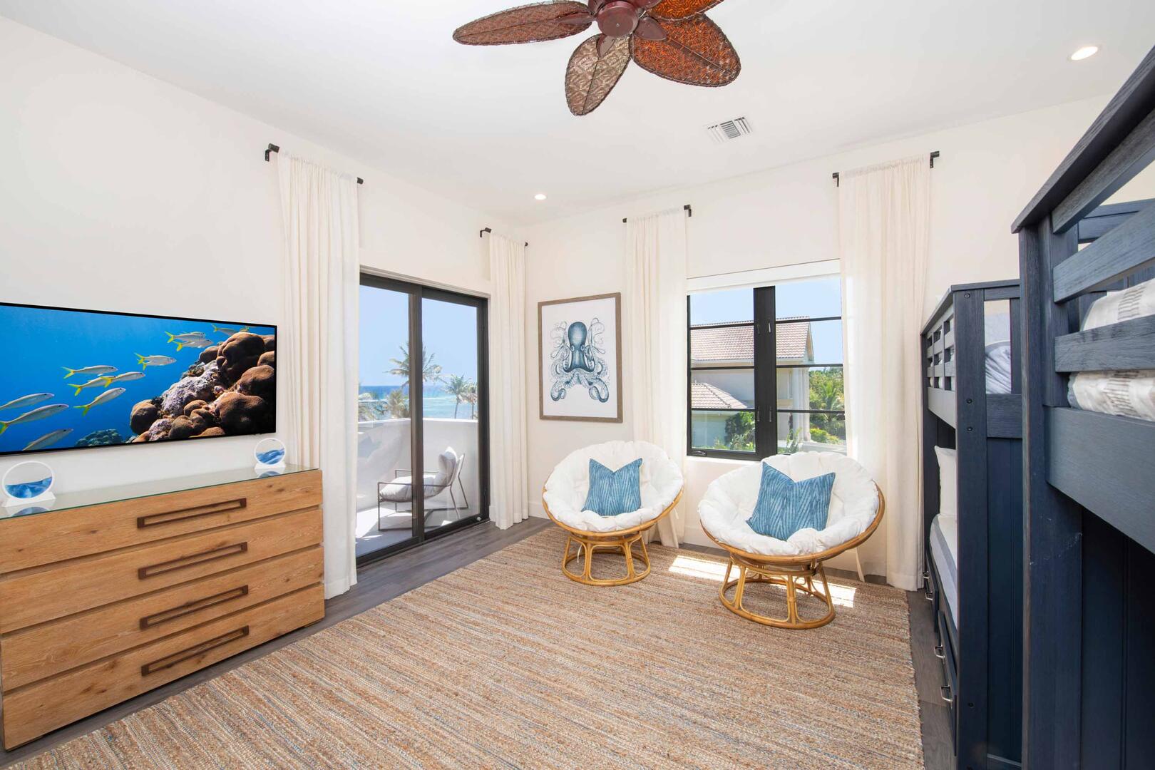 Bunk Suite ? upper-level, 2 sets of full-over-full bunk beds, oceanview, walk-out access to a private balcony, vaulted ceilings, SmartTV.