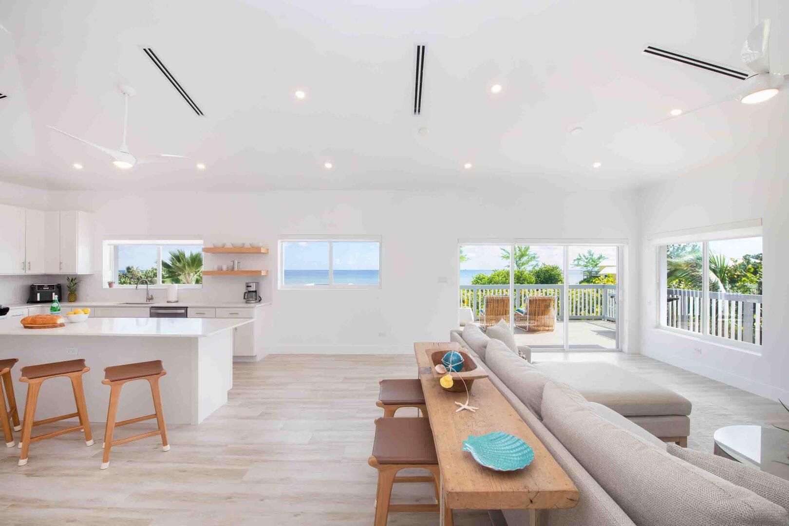 The home's kitchen and living area have been upgraded with modern fixtures and furnishings.