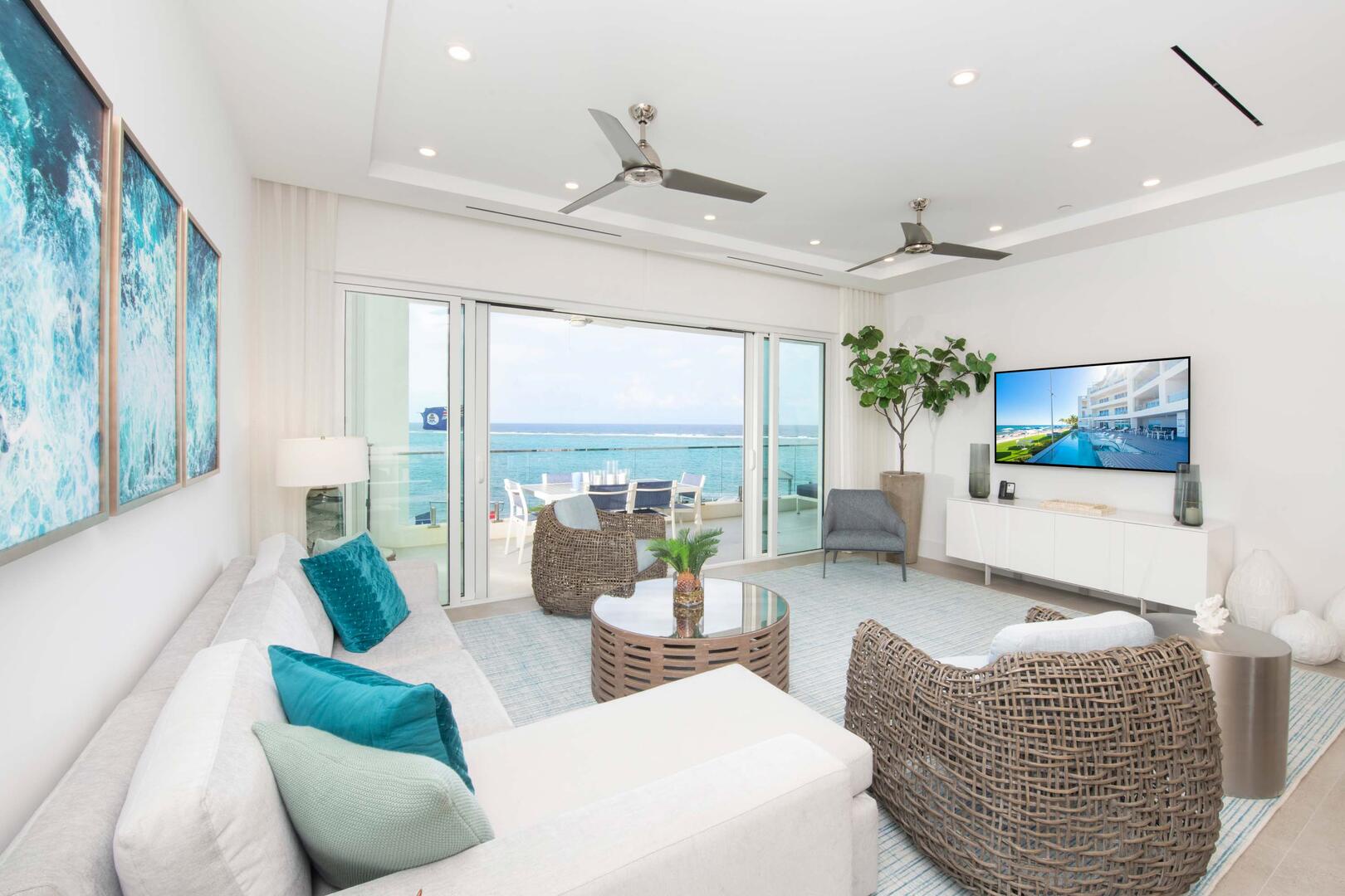 Modern interiors with designer furnishings and decor.