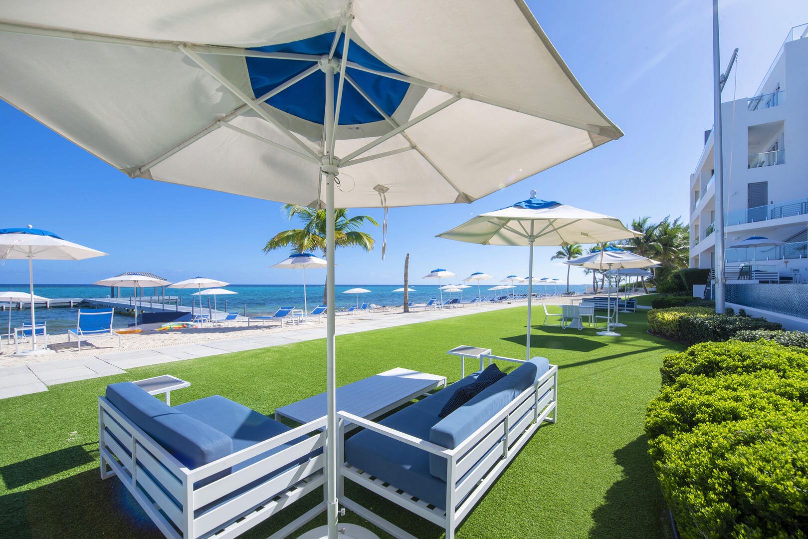 Beach service is set up daily exclusively for resort guests. Beach loungers, sun beds, and shade umbrellas are on a first come first serve basis.